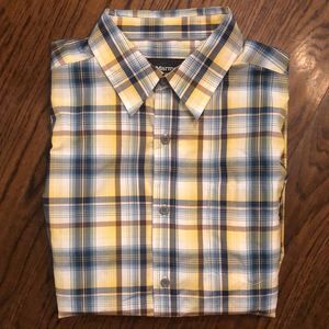 MARMOT Men’s Short Sleeve Blue Yellow Brown Plaid Button Down Shirt Sz Medium